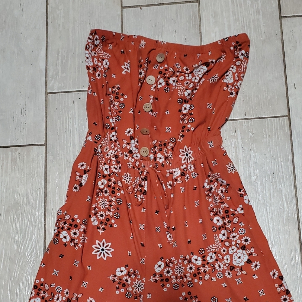 No Boundaries Jumpsuit - Women's S, Rust with Floral Design, Sleeveless - Picture 2 of 3